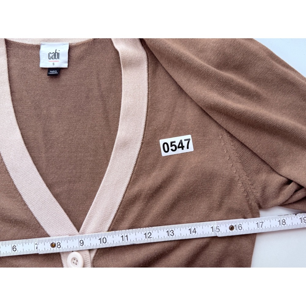 Cabi Mocha Brown Cream Genteel Trim Belted Longline Cardigan Sweater Dress SZ S - Picture 7 of 7